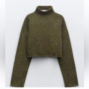 ZARA Alpaca Wool Blend Cropped Roll Turtleneck Sweater Olive Green-Medium